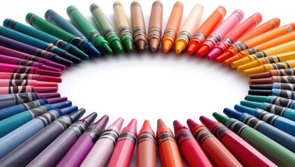 Colorful crayons arranged in a circle on a white background