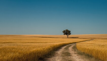 Fototapeta premium Sunny golden field, lone tree, dirt path