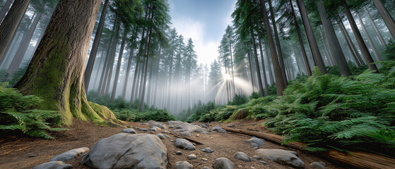 Forest Path: A sun-drenched path winds through a majestic forest, bathed in sunlight, offering a sense of tranquility and a call to explore.