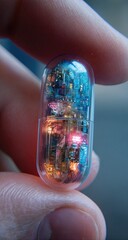 A transparent pill, seemingly filled with intricate circuitry