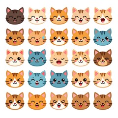 Fototapeta premium A grid of 25 cute cartoon cat faces, each with a different expression