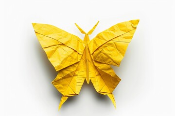 Detailed origami butterfly crafted with bright yellow paper showcasing intricate folds and textures against a plain white background