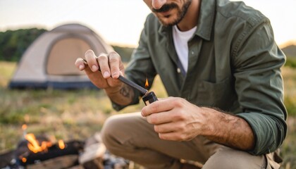 Man Lighting Firewood Near Campsite at Sunset