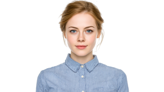 Serene woman in blue, a portrait against lush green background.