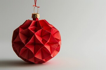 Unique red origami ornament hanging against a plain background during the holiday season