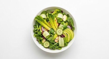 Fresh and healthy green salad with avocado and cucumber overhead view in white bowl