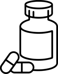 Simple line art icon of a medicine bottle with two capsules beside it