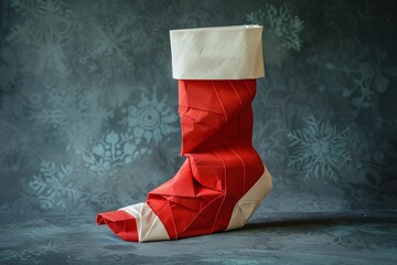 Creative origami stocking made from red and white paper for festive decoration in a cozy setting during the holiday season