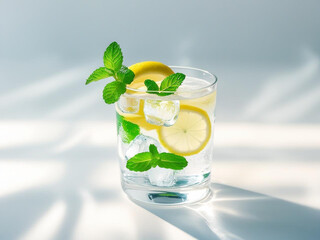 Flat lay of glass of lemon water with ice cubes and mint leaves on clean white background, soft light, detox drink concept