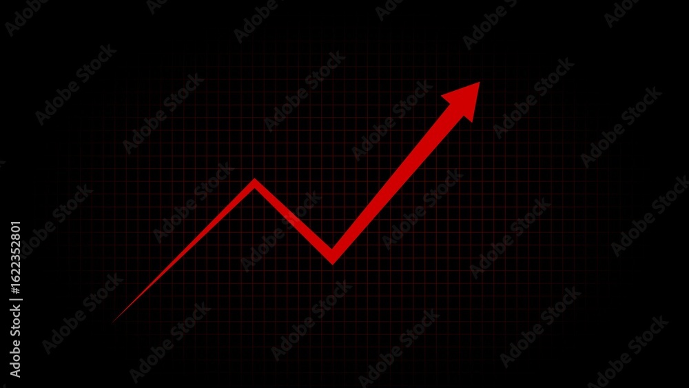 Poster red arrow chart with a rising financial graph and grid representing growth and success