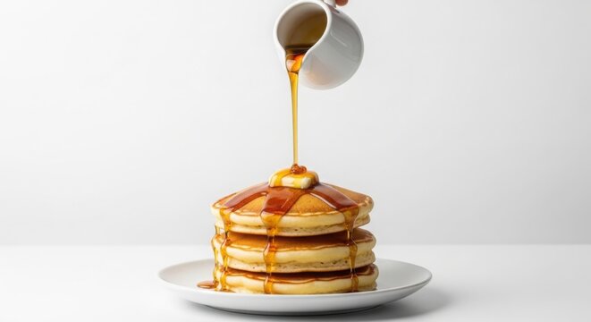 Golden syrup cascading from a white pitcher onto a stack of fluffy pancakes topped with butter