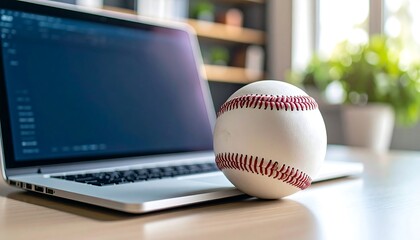 Laptop and baseball on desk