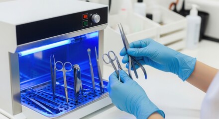 Hands wearing blue gloves carefully placing surgical instruments into a uv sterilizer machine