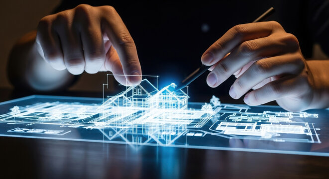 Hands interacting with a glowing holographic architectural model of a house on a digital interface