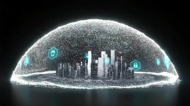 Futuristic city under protective digital shield with icons