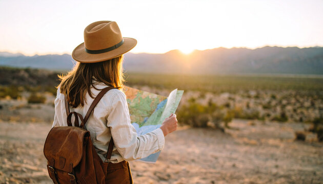 Journey's Horizon: A solo female explorer, hat-clad and carrying a vintage backpack, gazes toward a sunlit horizon, map in hand, embodying the spirit of adventure and self-discovery.