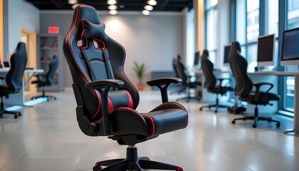 Fototapeta premium A stylish black and red gaming chair placed in a modern, open-plan office with rows of computer desks. The space is brightly lit with natural light streaming through large windows, creating a professi