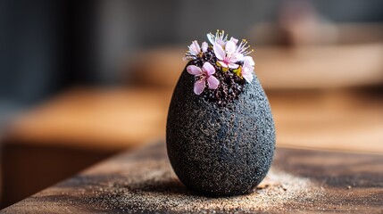 A creative black egg - shaped dessert with pink cherry blossoms. Ideal for food, culinary, and gourmet themes.