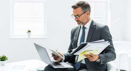 Businessman working with laptop documents and glasses.