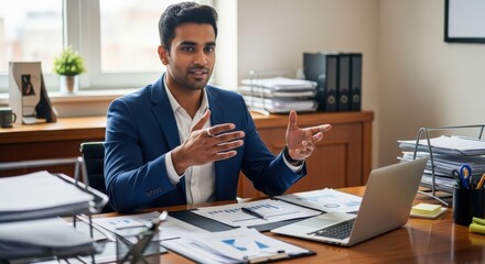 Fototapeta premium Businessman in Blue Suit Gesturing During Office Meeting.