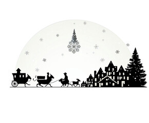 Winter village silhouette with horse-drawn carriage, reindeer and holiday snowflakes, creating a festive scene on transparent background