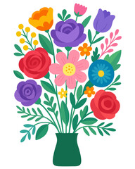 Vector bouquet of roses, tulips flowers. Many coloured floral composition in vase. Beautiful flat vector bouquet isolated on white background. Coloured blossom floristry compose