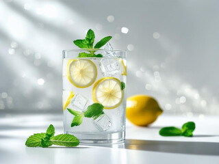 Flat lay of glass of lemon water with ice cubes and mint leaves on clean white background, soft light, detox drink concept