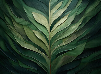A textured green leaf background with layered plant elements creating depth and a natural, organic feel.  The design has a central vein and curved leaf shapes.