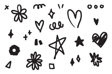 Abstract doodle hand drawn with black. Star, heart, sparkle and flower for element and illustration