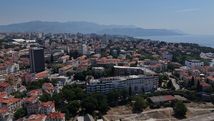 Fototapeta premium Aerial drone birds eye view of cruise ships and boats split croatia harbour