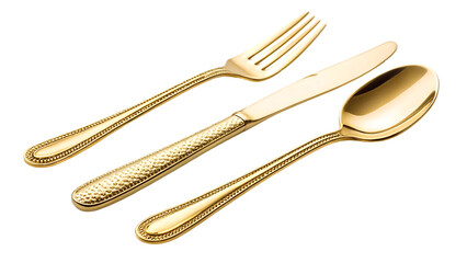 luxury golden cutlery set isolated on transparent fork knife and spoon for elegant dining shiny metal flatware for upscale restaurant stylish tableware object