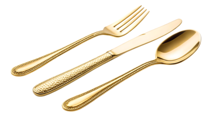 luxury golden cutlery set isolated on transparent fork knife and spoon for elegant dining shiny metal flatware for upscale restaurant stylish tableware object