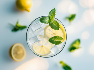 Flat lay of glass of lemon water with ice cubes and mint leaves on clean white background, soft light, detox drink concept