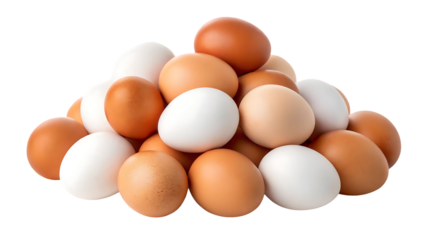 pile stack heap of white and brown eggs isolated on transparent background. group of healthy traditional chicken fresh organic protein food many meal ingredient breakfast diet