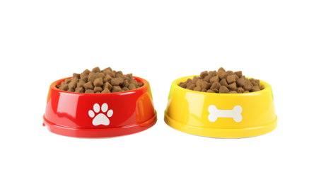 Dry Pet Food in Colorful Bowls on Green and White Background