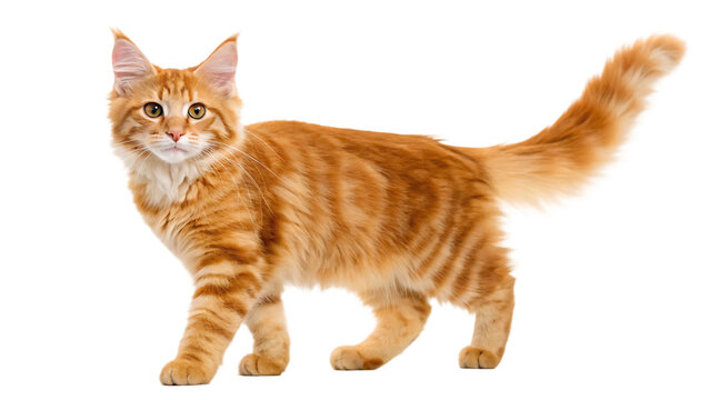 orange tabby cat isolated on white background curious ginger kitten walking adorable feline pet with playful attitude full body side view of a cute domestic animal