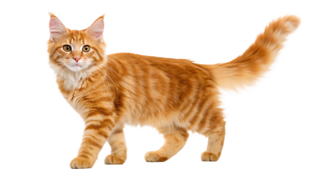 orange tabby cat isolated on white background curious ginger kitten walking adorable feline pet with playful attitude full body side view of a cute domestic animal