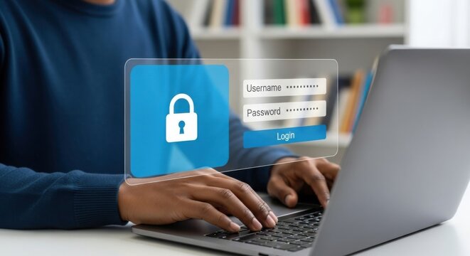 Person typing on laptop with digital security interface showing login screen and padlock icon