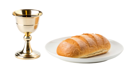 sacred communion elements bread and wine for christian celebration isolated on white background