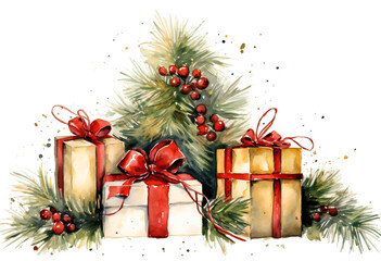 Festive watercolor illustration of Christmas gifts and pine tree branches on transparent background