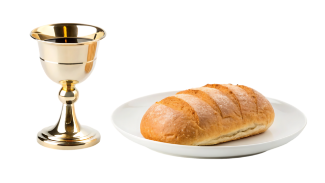 sacred communion elements bread and wine for christian celebration isolated on white background