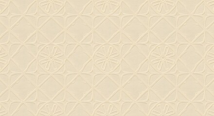 A repeating pattern of geometric shapes, including diamonds and floral-like circles, embossed on a beige textured surface.