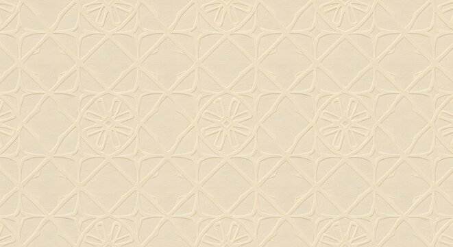 A repeating pattern of geometric shapes, including diamonds and floral-like circles, embossed on a beige textured surface.