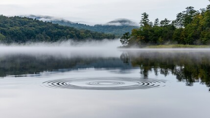 Fototapeta premium A serene lake scene with a forested shoreline and a misty mountain backdrop.