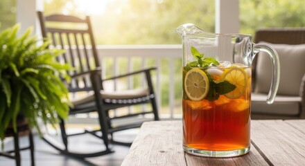 Refreshing iced tea with lemon and mint in a pitcher on a porch with rocking chairs