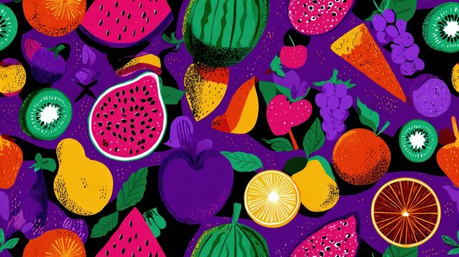 Colorful, vibrant fruit pattern featuring various fruits on a purple and black background