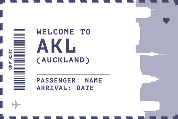 Welcome to Auckland, New Zealand card template. Vector boarding pass style postcard illustration with airport code, city skyline, flight info. Luggage tag image layout