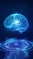 3D Glowing Digital Brain with Neural Network Connections Over a Circuit Board: Artificial Intelligence, Brain Science, Cognitive Science, AI, Big Data Analytics, Technology Background, Vertical.
