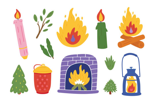 Cozy Warmth Collection: Illustrative assemblage of candles, lanterns, fireplace and bonfires.
