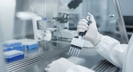 Scientist in sterile laboratory using multichannel pipette for precise liquid handling in biosafety cabinet